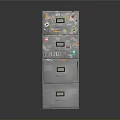 Silver Metal Drawer Cabinet With Multiple Stacked Drawers And Labeled Stickers
