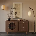 Chinese Wooden Cabinet With Circular Lattice Design And Calligraphy Painting Decor