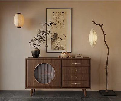 02 New Chinese Style Side Cabinet Decorative Cabinet Entrance Cabinet Floor Lamp Chandelier Decorative Painting 3d model