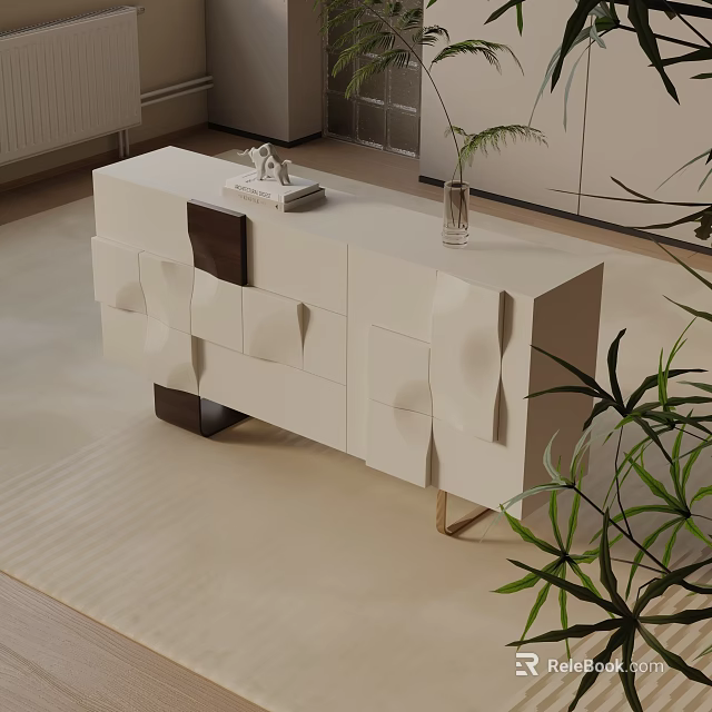 Modern White Console Cabinet with Geometric Patterned Doors Decorative Items and Potted Plant 3d model 
