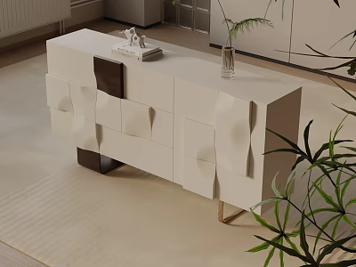 Modern White Console Cabinet with Geometric Patterned Doors Decorative Items and Potted Plant 3d model