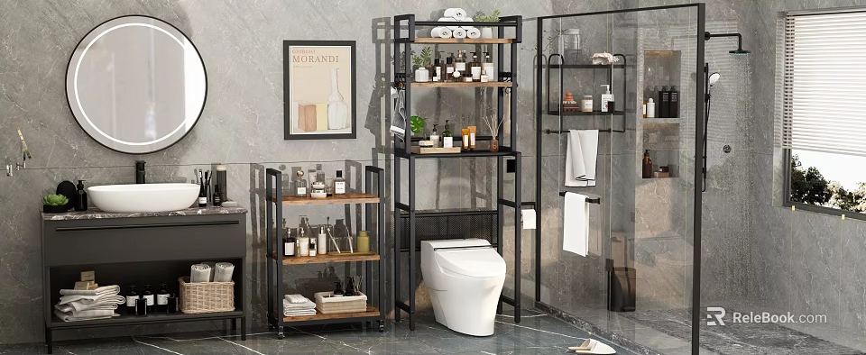 Modern Bathroom Black Metal Multi Layer Shelf with Toiletries and Green Plants 3d model 