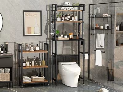 Modern Bathroom Black Metal Multi Layer Shelf with Toiletries and Green Plants 3d model