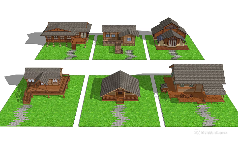 Log Cabin Exterior Designs With Various Roof Styles And Green Lawn Pathways 3d model 