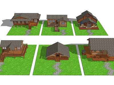Log Cabin Exterior Designs With Various Roof Styles And Green Lawn Pathways 3d model