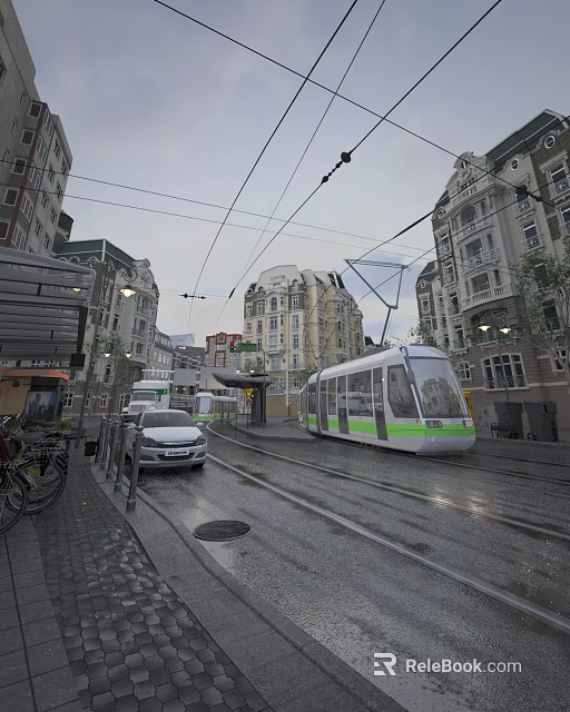 Bustling Commercial Street With Passing Tram Historic Buildings Wet Pavement And Street Lamps 3d model 