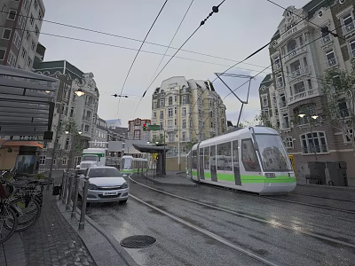 Bustling Commercial Street With Passing Tram Historic Buildings Wet Pavement And Street Lamps 3d model