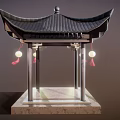 Traditional Chinese Pavilion Featuring Curved Black Roof Hanging Red Lanterns And Stone Base