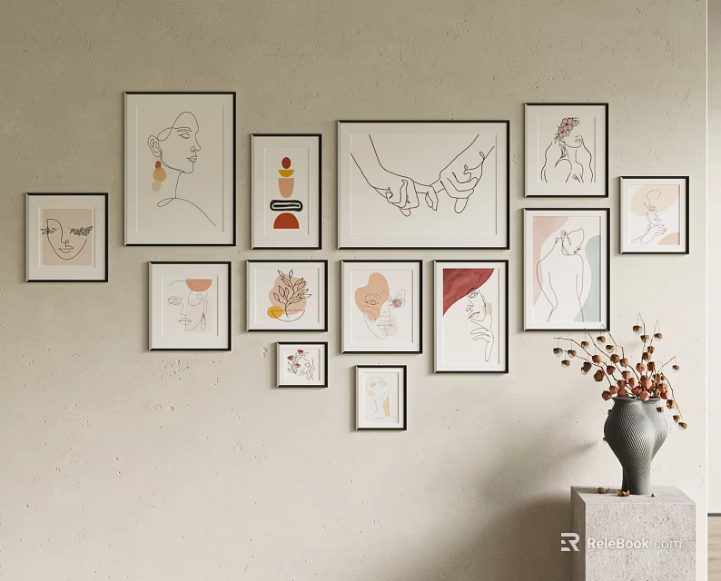 Multiple Abstract Paintings On Wall With Various Frames And Vase With Dried Flowers 3d model