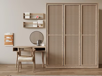 Dressing Table Setup With Rattan Chair Round Mirror Slatted Door Wardrobe And Wall Shelves 3d model