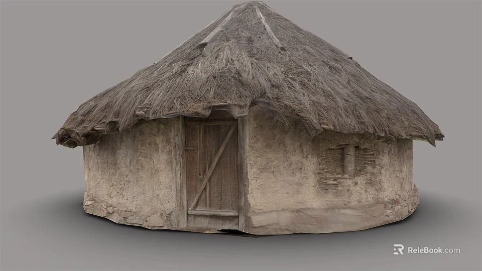 Traditional Thatched House With Mud Walls Wooden Door And Round Structure Design 3d model 