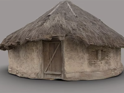 Traditional Thatched House With Mud Walls Wooden Door And Round Structure Design 3d model