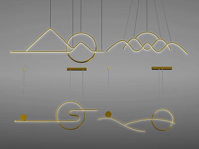 Set of Modern Golden Chandeliers Featuring Geometric Shapes Sleek Lines and Abstract Designs 3d model