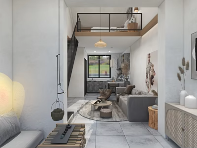 Modern Loft Interior With Open Living Area Kitchen Sofa Staircase And Pendant Light 3d model