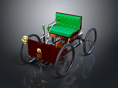 Vintage Four Wheeled Vehicle With Green Upholstered Seat Red Body And Golden Accents 3d model