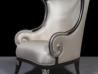 Elegant Luxurious Armchair With Textured Fabric Ornate Armrests And Black Wooden Frame 3d model