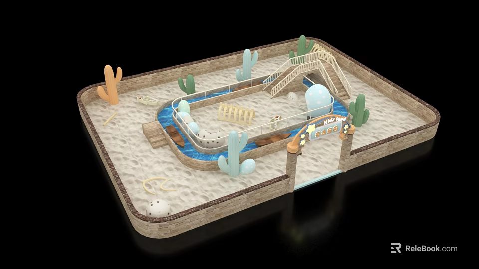 Fun Playground With Sand Area Blue Water Channel Slide Cactus Decorations And Entrance Arch 3d model 