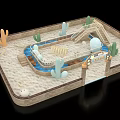 Fun Playground With Sand Area Blue Water Channel Slide Cactus Decorations And Entrance Arch