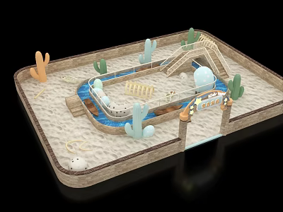 Fun Playground With Sand Area Blue Water Channel Slide Cactus Decorations And Entrance Arch 3d model