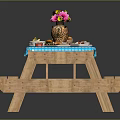Assorted Foods Cakes Desserts and Fruits on Blue Tablecloth Long Table with Benches