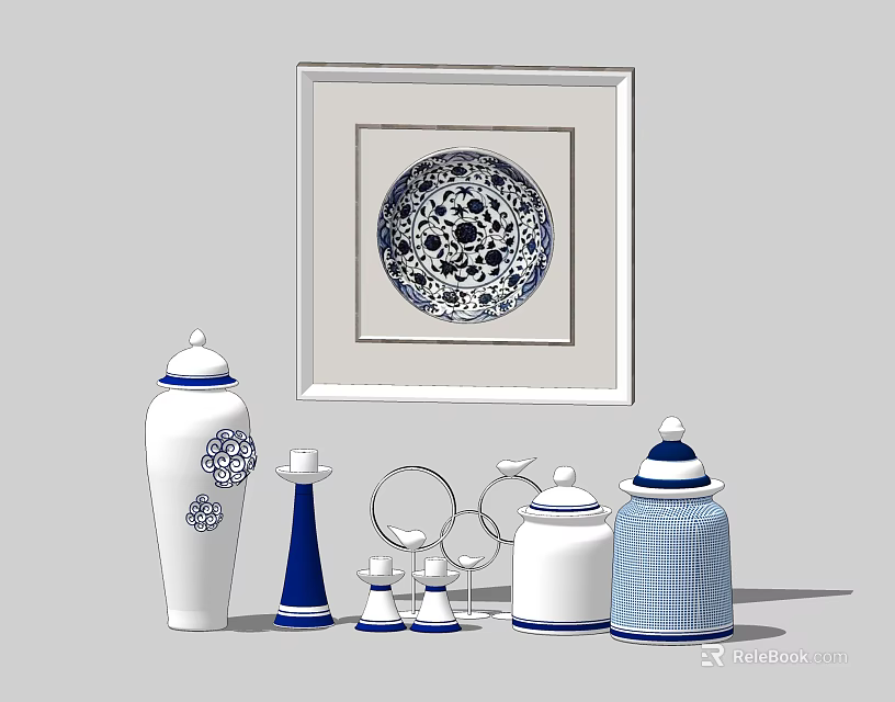 Blue And White Decorative Ornaments Set With Framed Painting Various Shaped Jars And Decorative Pieces 3d model 
