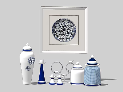 Blue And White Decorative Ornaments Set With Framed Painting Various Shaped Jars And Decorative Pieces 3d model