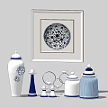 Blue And White Decorative Ornaments Set With Framed Painting Various Shaped Jars And Decorative Pieces