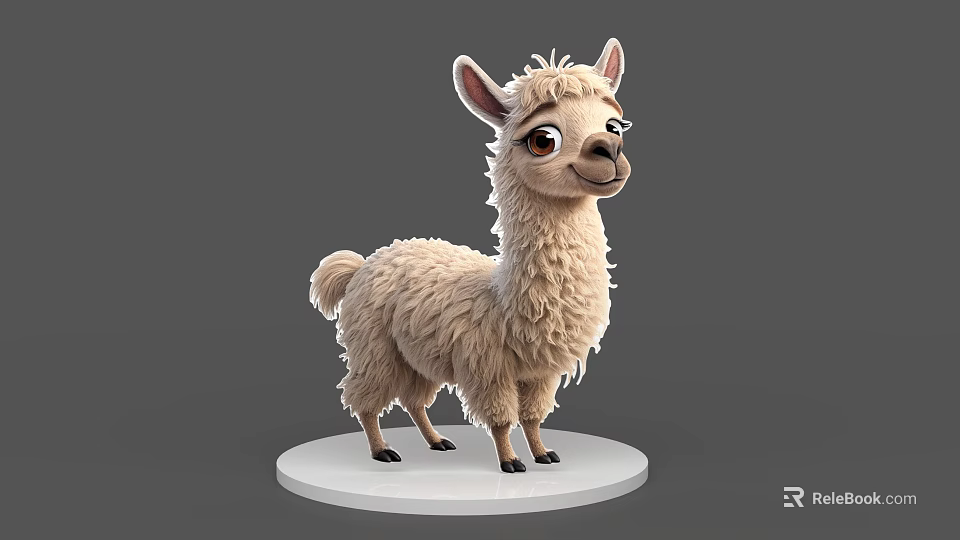 Cute Fluffy Llama 3D Model Standing On White Base With Gray Background 3d model 