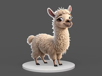 Cute Fluffy Llama 3D Model Standing On White Base With Gray Background 3d model