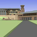 Modern Building Exterior Design With Tower Structure Green Lawn Trees And Pathway