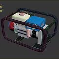 Compact Mechanical Equipment With Black Metal Frame Blue White Components And Red Accent