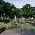 Serene Residential Landscape With Trees Stone Paved Path Benches And Green Lawns