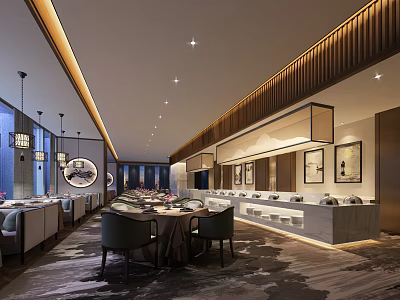 Modern Restaurant Interior With Wooden Panel Walls Round Dining Tables And Hanging Lights 3d model