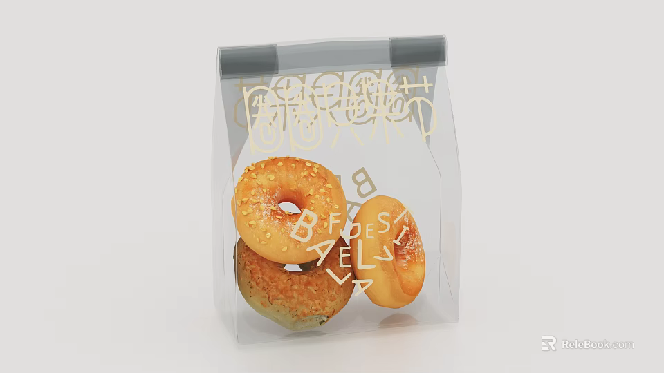 Art Installation With Decorative Transparent Bag Containing Donuts And Golden Patterns 3d model