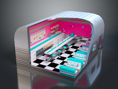 Cartoon Retro Diner Interior With Pink Walls Black White Checkerboard Floor And Blue Seats 3d model