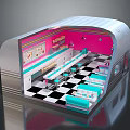 Cartoon Retro Diner Interior With Pink Walls Black White Checkerboard Floor And Blue Seats
