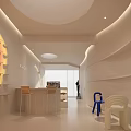 Modern Cafe Interior Featuring White Counter Dessert Display Yellow Decorative Wall And Circular Ceiling Lights 3d model