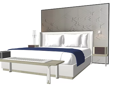 Stylish Background Double Bed With Geometric Pattern Backdrop White Frame And Navy Blanket 3d model