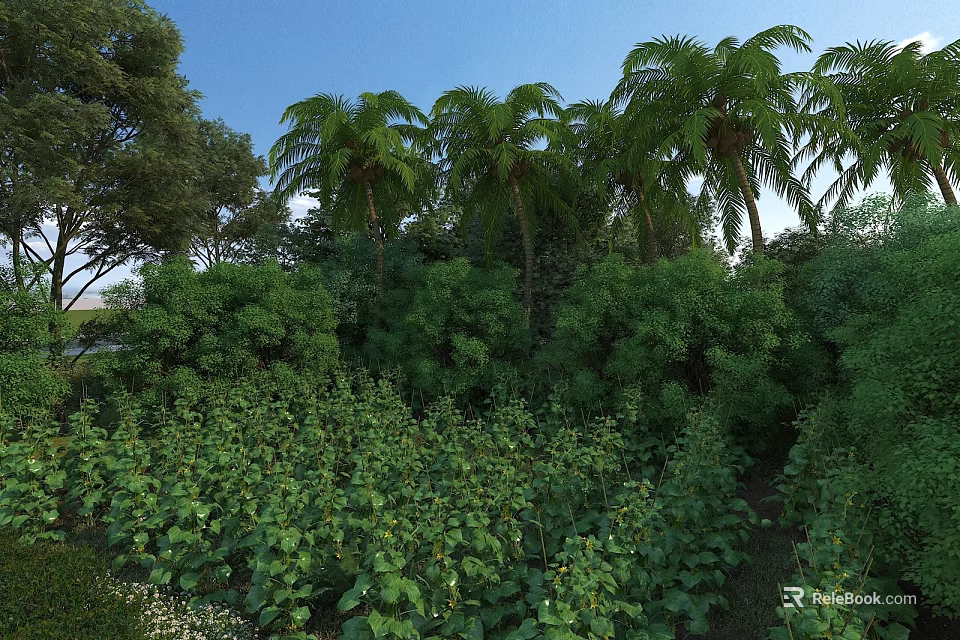 Lush Tropical Garden Landscape With Towering Palm Trees And Dense Green Foliage 3d model 