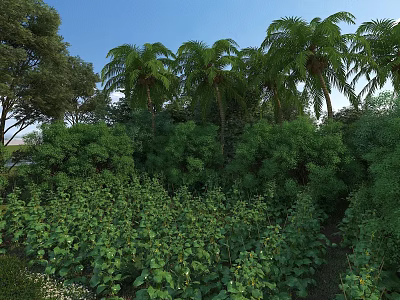 Lush Tropical Garden Landscape With Towering Palm Trees And Dense Green Foliage 3d model