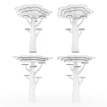 Colorful Layered Decorative Tree Structures With Umbrella Like Tops And Varied Trunks