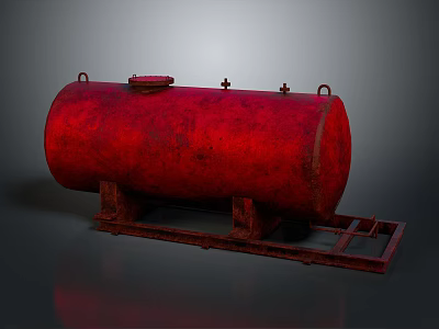 Rusty Red Industrial Oil Tank Placed On Metal Stand With Reflective Surface 3d model