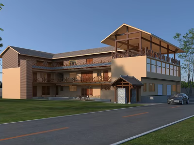 Traditional Guesthouse Building With Wooden Roof Balconies Light Exterior Lawn And Road 3d model