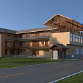 Traditional Guesthouse Building With Wooden Roof Balconies Light Exterior Lawn And Road