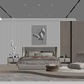 Modern Bedroom Interior Design With Soft Tones Wooden Elements Bed Nightstands Chair And Artwork