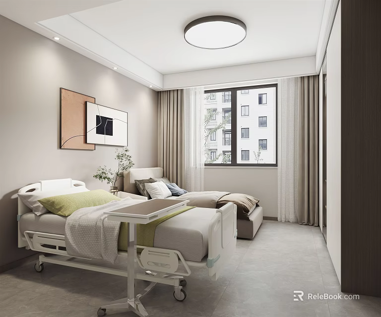 Hospital Outpatient Ward With Medical Bed Bedside Table Decorative Painting And Window Curtains 3d model 