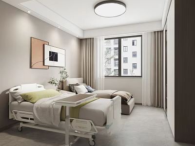 Hospital Outpatient Ward With Medical Bed Bedside Table Decorative Painting And Window Curtains 3d model