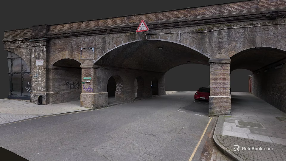 Brick Arch Underpass With Multiple Arches Road Red Car Graffiti And Warning Sign 3d model 