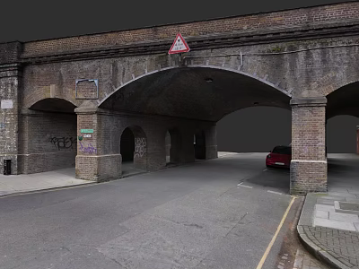 Brick Arch Underpass With Multiple Arches Road Red Car Graffiti And Warning Sign 3d model