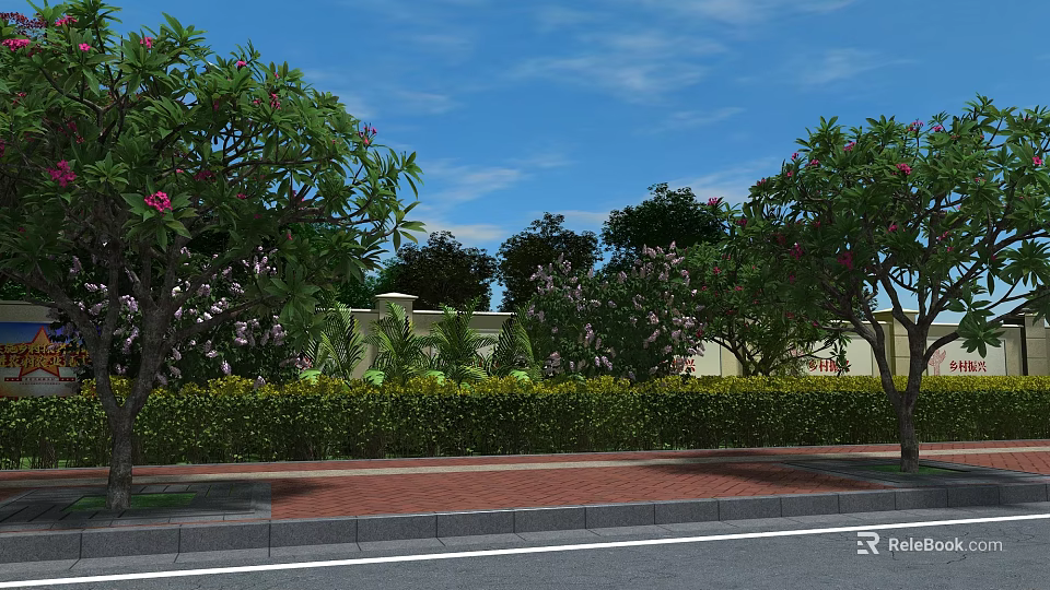 Vibrant Shrubs with Trees Bearing Pink Flowers Along Red Brick Pavement Under Blue Sky 3d model 